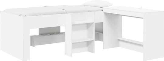 Pat Single pentru Copii cu Birou Alb pentru Saltea 80x200cm
