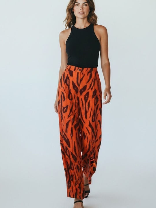 Women's Fabric Trousers in Loose Fit Leopard Ginger