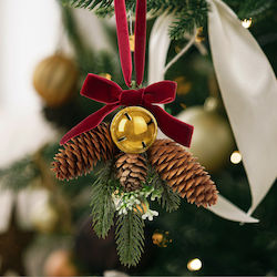 Christmas Door Decoration Artificial Fir Cones Golden Bell 16 Cm