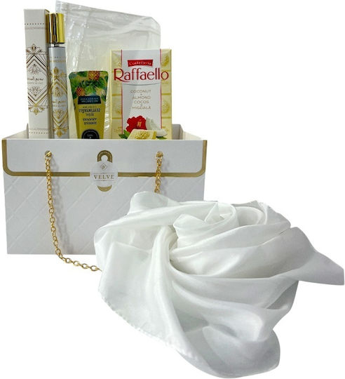 Set Premium Luxury Alb Eșarfă din Mătase Albă Parfum Badee Al Oud 35 Ml Cremă de Mâini Raffaello În Cutie Cadou Stil Geantă