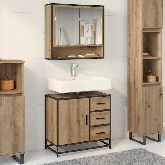 vidaXL Badezimmer Waschtisch-Einheit mit Waschbecken, Spiegel und Spalte M65xB33xH60cm Artisan Eiche