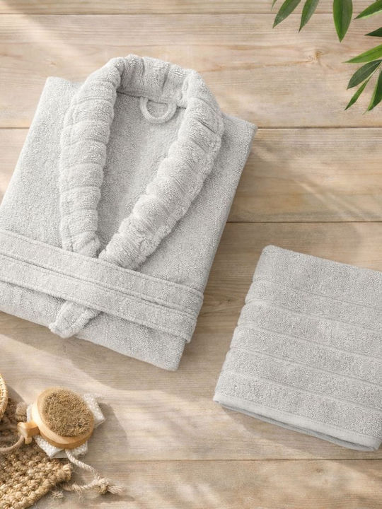 Rebeka Home Халат с Яка Светлосив Комплект Кърпи 450гр/м²