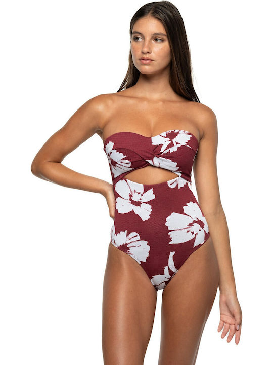 Nip Tuck Swim Trägerloses Ein Stück Badeanzug Blumen Burgundisch