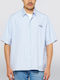 Short Sleeve Denim Shirt in Wide Line Striped White/Blue