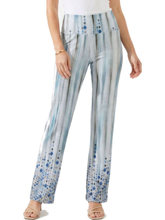 Women's Fabric Trousers with Rubber Band in Straight Leg Style Blue