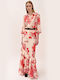 Long Sleeve Women's Shirt Floral Red Beige Floral