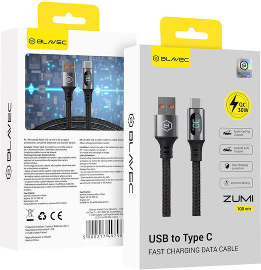 Blavec Braided USB 2.0 Cable USB-C male - USB-A 30W Μαύρο 1m