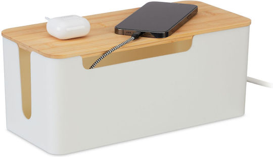 Relaxdays Cable Box Bamboo Lid White Light Brown 0