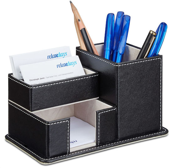 Relaxdays Stifthalter Synthetisches Leder 4 Fächer Schwarz 10x18,5x11 cm