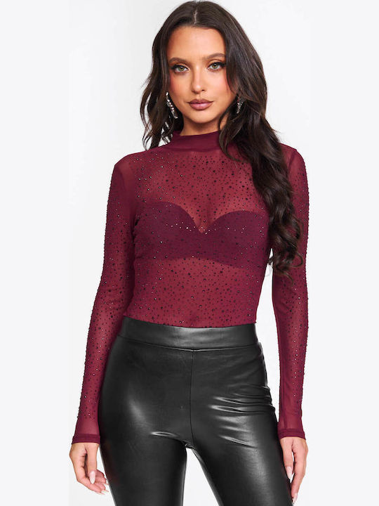 Decoro Women's Bodysuit See Through with Rhinestones Burgundy