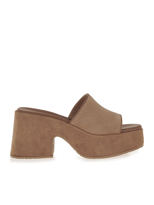 Leather Mules with Heel in Beige Colour
