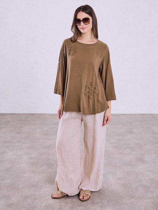 Celestino Bluza Damă Asimetrică Croșetată Floral Loose Fit Maro