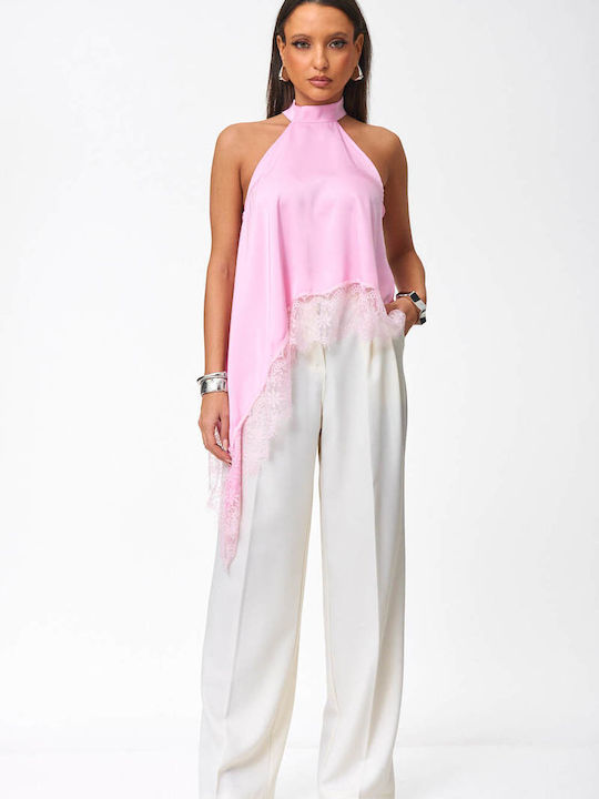 Damenbluse Satin Ärmellos Mit Bindung am Ausschnitt Rosa