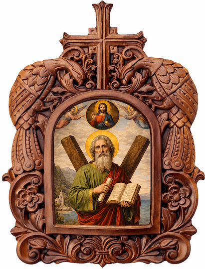 Heiligenikone St. Andreas Holzrahmen Pagen 38cm