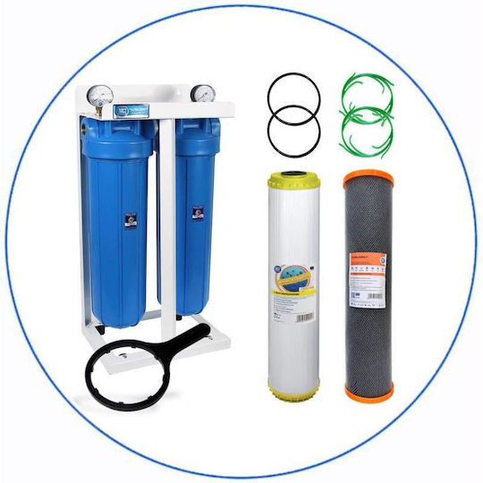 Aqua Filter Big Blue Wasserfiltrationssystem Doppelter Zentrale Versorgung Rohrquerschnitt 1'' mit Ersatzfilter BBCSTCBLP20
