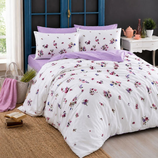 Tac Set Huse Pentru Pilote 200x220cm Dublu Cu 2 Fețe De Pernă Și 1 Cearșaf Lila