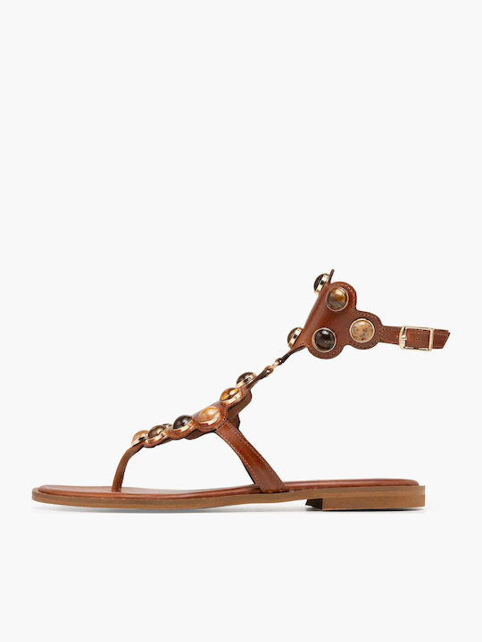 Leather Women's Flat Sandals Tabac Brown