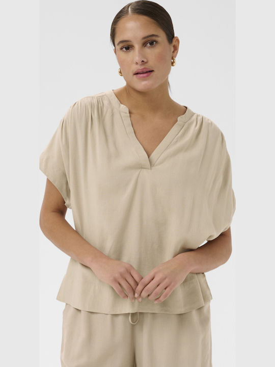 Kaffe Damen Sommer Leinen Bluse Beige