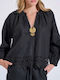 Women's Summer Linen Blouse with 3/4 Sleeve and V-Neck Black