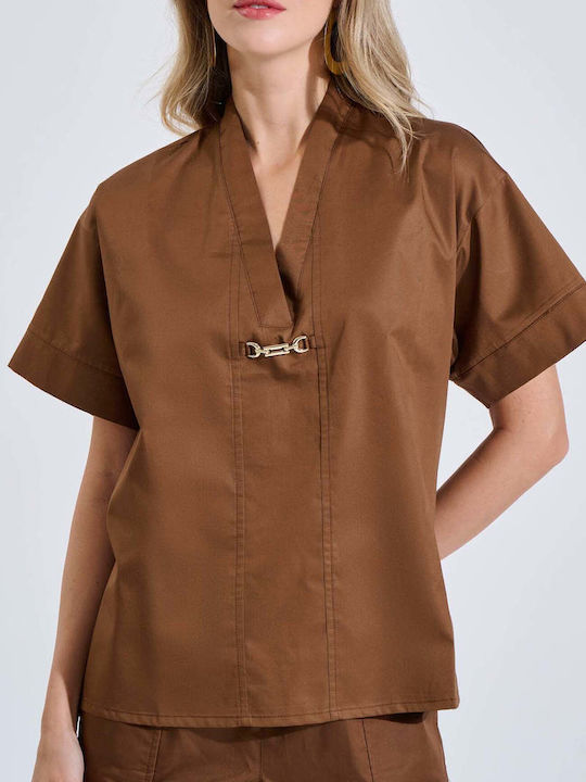 Women's Cotton Short Sleeve Top with V-Neck Brown 10-180336-0