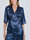 Women's Satin Crop Top with V-Neck Blue