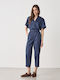 Women's High Rise Fabric Trousers with Rubber Band in Carrot Fit Blue