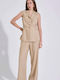 Damen Hochbund Leinen Hose in Gerader Bein Stil Beige