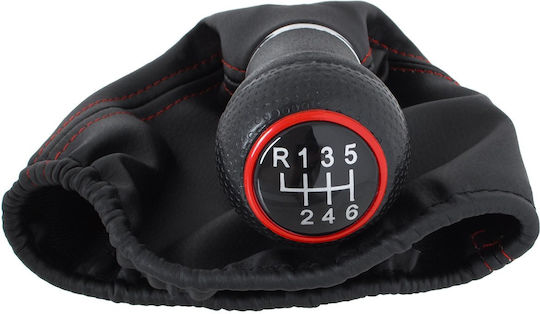 Seat Leon I 99-06 Schwarzer Schaltknopf + Schwarze Schaltmanschetten Roter Faden Roter Ring 6-Gang