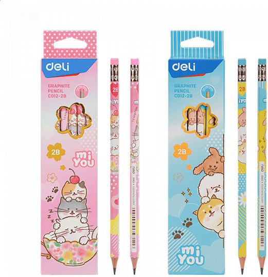 Hexagonal Pencil Hb Eraser 2b Blister Deli Miyou Pack of 12 Pieces