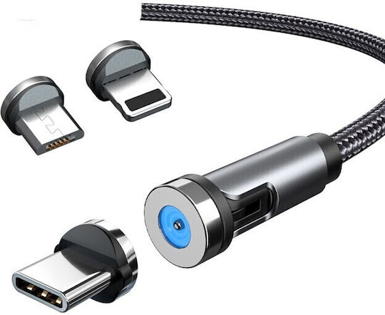 3 In 1 Magnetic Charging Cable 360° + 180° 1 M Micro Type C Iphone 5 V 2.1 A Black