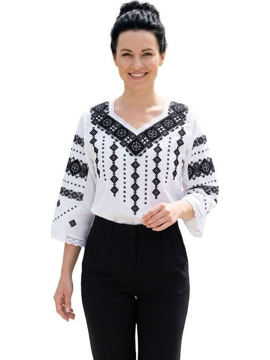 Bluza Damă Bumbac Mânecă Lungă Alb Crystal/Negru