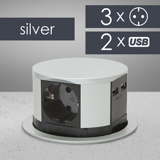Alista Home Bandă de Alimentare cu 3 Prize cu USB-A USB-C și Cablu de 1.5m Argintiu