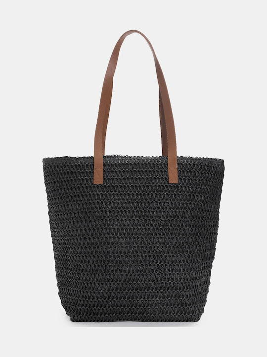 Ψάθινη Γυναικεία Τσάντα Shopper Ώμου Μαύρη