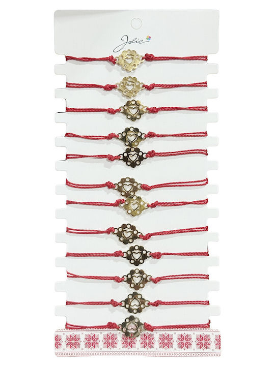 Martisor Bracelet Women Jolie Flower Heart Design Set 12 Pieces Gold Stainless Steel Pendant Adjustable Red Cord