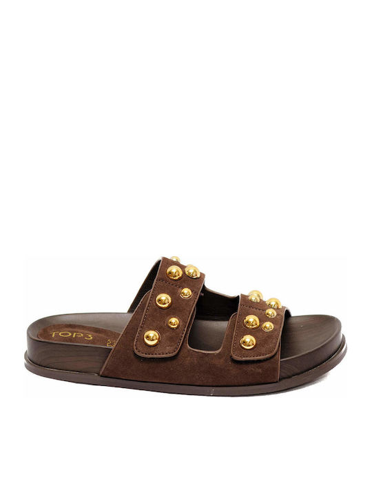 Top3 Leather Women's Flat Sandals Brown
