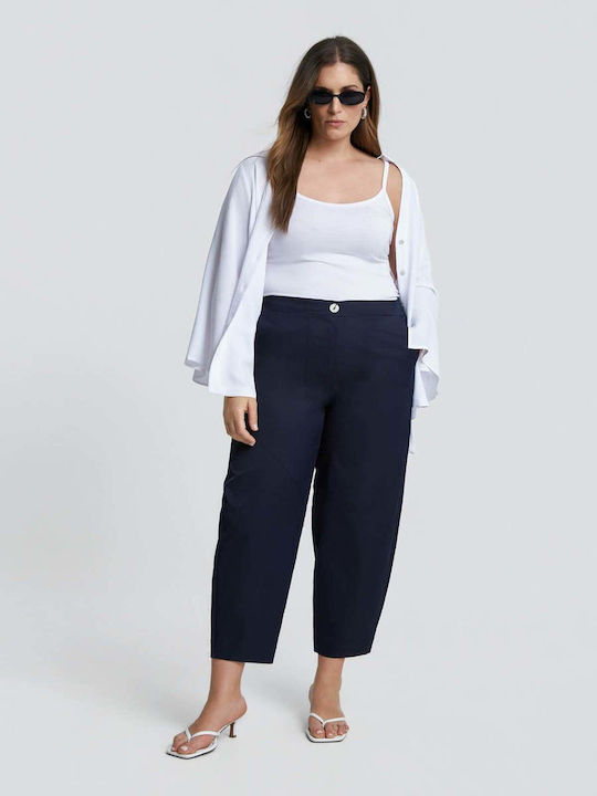 Women's Fabric Trousers with Rubber Band in Loose Fit Blue