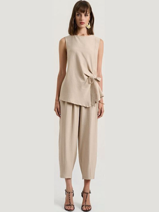 Women's Beige Set with Trousers with Rubber Band in Relaxed Fit