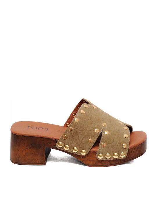 Leather Mules With Low Heel In Green Colour