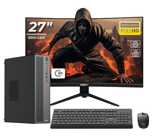 OptimX T5 SFF + Monitor Curbat 27" FHD + Kit Tastatură Și Mouse Cu Fir Recondiționat Grad A (Core i5-9400/8GB/256GB SSD/W11 Pro)