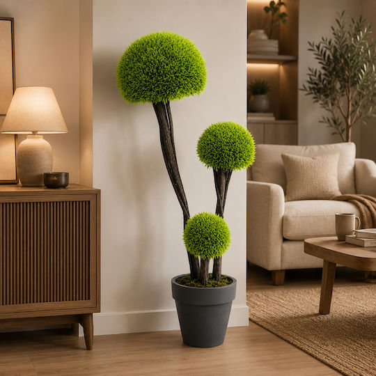 Τεχνητό Διακοσμητικό Δέντρο Topiary 3 Σφαίρες Γλάστρα 1.2m Μοντέρνο Πράσινο Φυτό Εσωτερικού & Εξωτερικού Χώρου