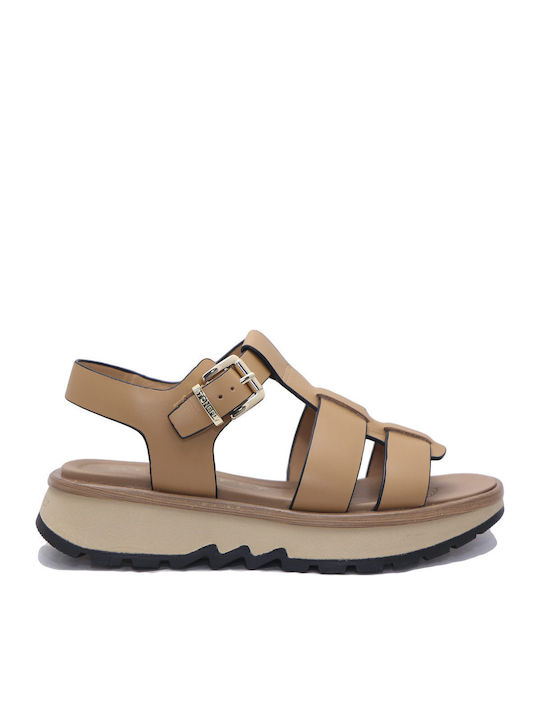 Leder Flache Damen Sandalen Flatforms Tabac Braun