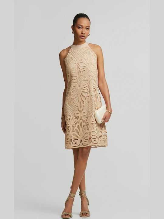 Summer Midi Dress for Wedding / Christening Off-Shoulder with Lace Natural