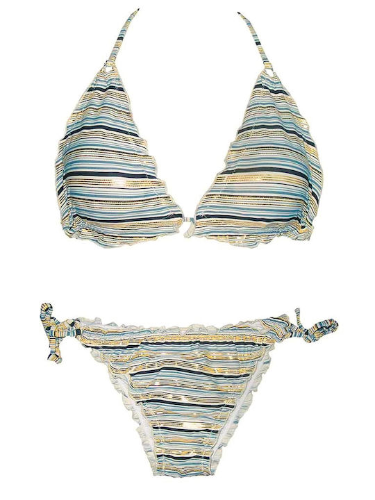 Set Bikini Triangle with Removable Padding and Brazil Striped Pattern Gold Stripes