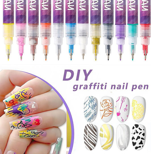 Kit Artă Unghii Flippy Set 12 Marcatoare Unghii Acrilice Vârf Ultra Fin 0,5 Mm 13 X 10 Cm Multicolor