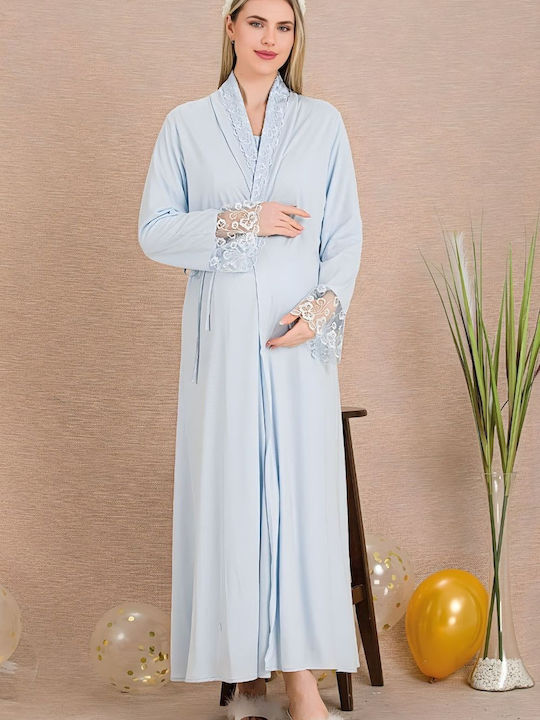 Esthisis Nightgown with Robe Maternity & Breastfeeding Light Blue