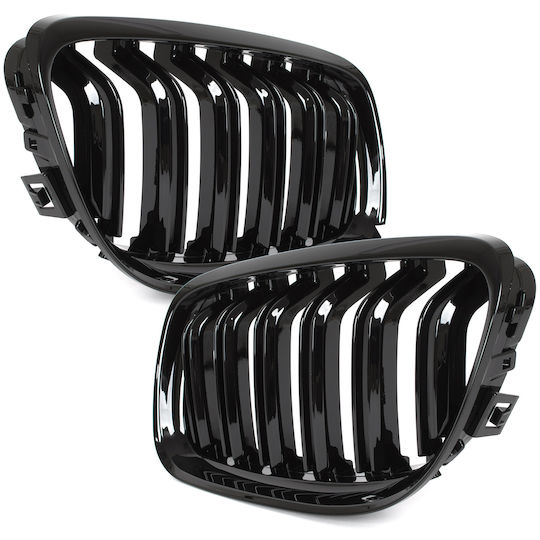 ModeCar Auto Dekorative Masken Für Bmw Serie 3 E90 E91 09-13 Limousine Kombi Kühlergrill Einlagen Zwischen Scheinwerfern Nieren Links + Rechts Set Schwarz Hochglanz Doppelstange