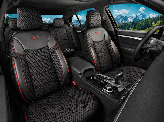 Universal Panda Florida Autositzbezüge Polyester Eco Leder Vorn Hinten Schwarze Rote Streifen