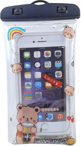 Flippy Glitter Kids Waterproof Underwater Case Snowproof Universal Lanyard Phone Documents Lucky Bear Black
