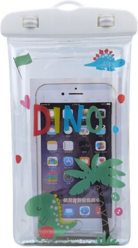 Flippy Glitter Kids Waterproof Underwater Case Snowproof Universal Lanyard Phone Documents Dino White