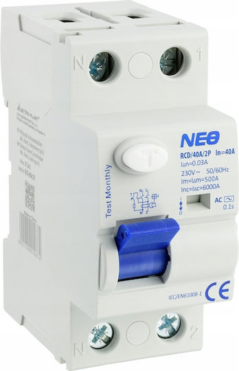 Реле На Релса Остатъчен Токов Прекъсвач Neo 40A 30mA 2-Полюсен Вид AC RCD 40A 2P